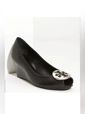 Tory Burch SALLY 2 Peep Toe Wedge Black Pebbled Leather Size 5.5
